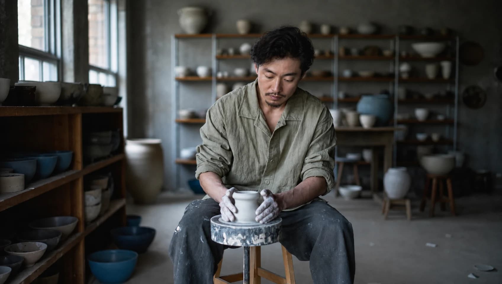 Weichen Hung shaping porcelain by hand in his studio